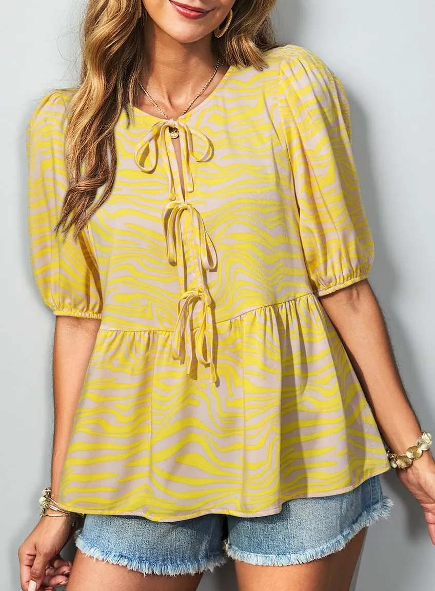 Dokotoo Summer Tops for Women Dressy Casual Business Crewneck Babydoll Peplum Puff Sleeve Shirts Tie Front Boho Blouses