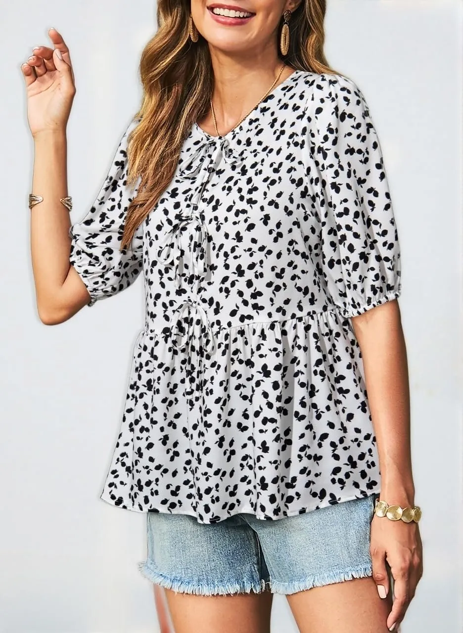 Dokotoo Summer Tops for Women Dressy Casual Business Crewneck Babydoll Peplum Puff Sleeve Shirts Tie Front Boho Blouses