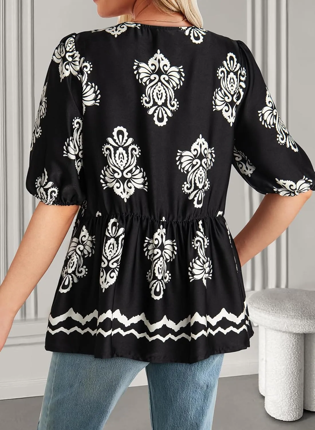 Dokotoo Womens Tops Casual Crewneck Babydoll Peplum Puff Sleeve Shirts Bow Tie Front Boho Summer Blouses