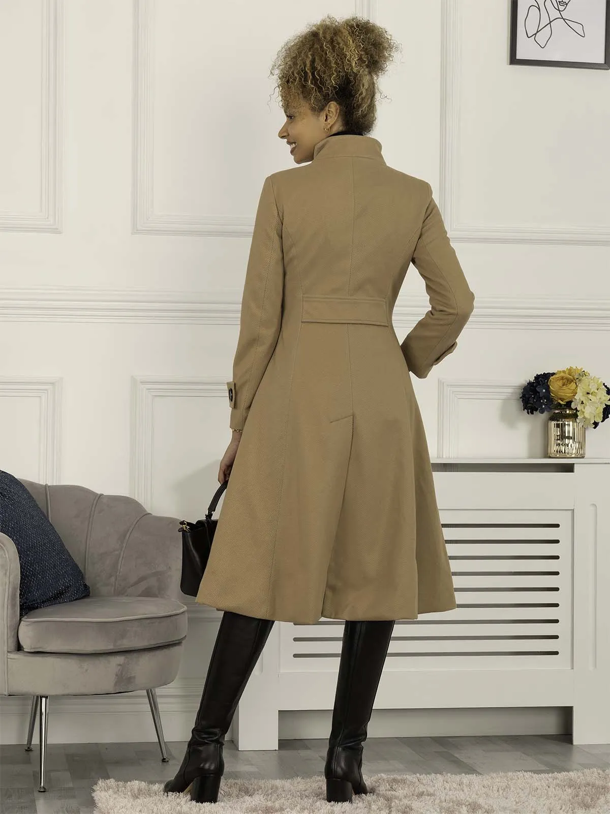 Double Breasted Button Detail Fit And Flare Coat, Camel