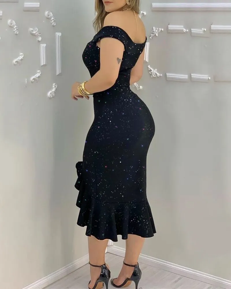 DressBetty - Elegant Sexy Glitter Off-Shoulder Ruffles Slit Midi Dress Sexy Party Solid Dress