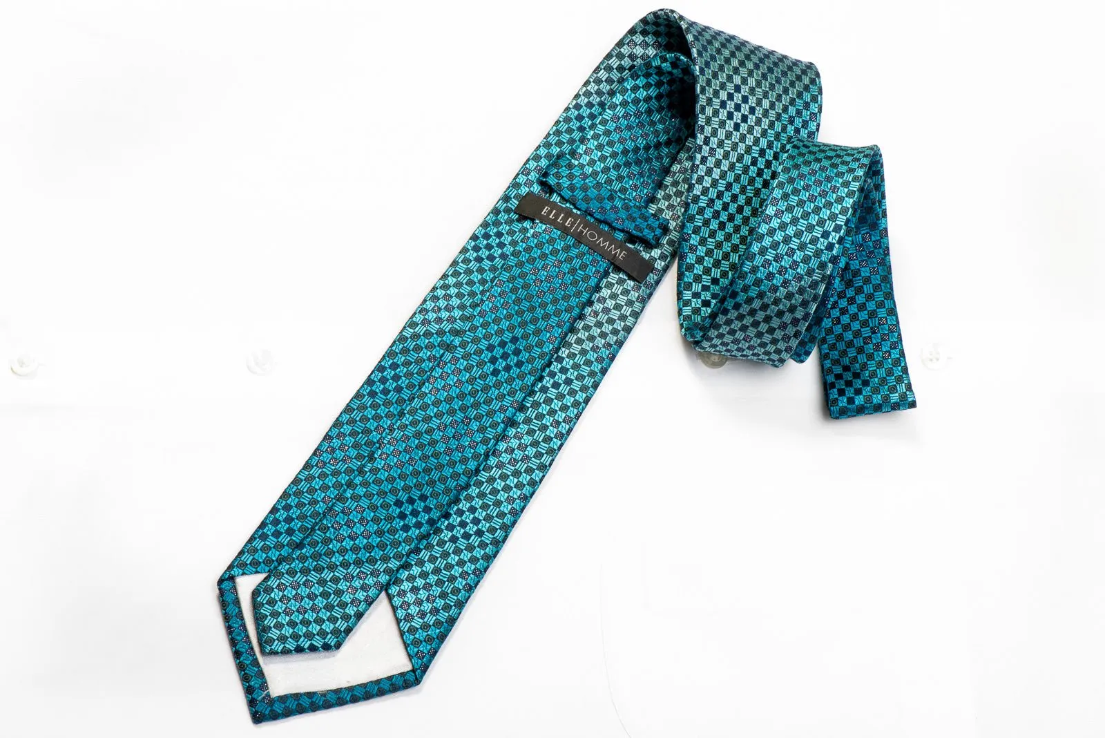 Elle Homme Rhinestone Necktie Teal Checkered On Navy With Sparkles