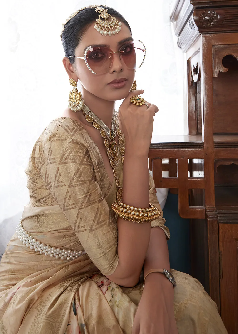 Enchanting Beige Floral Printed Soft Silk Designer Saree