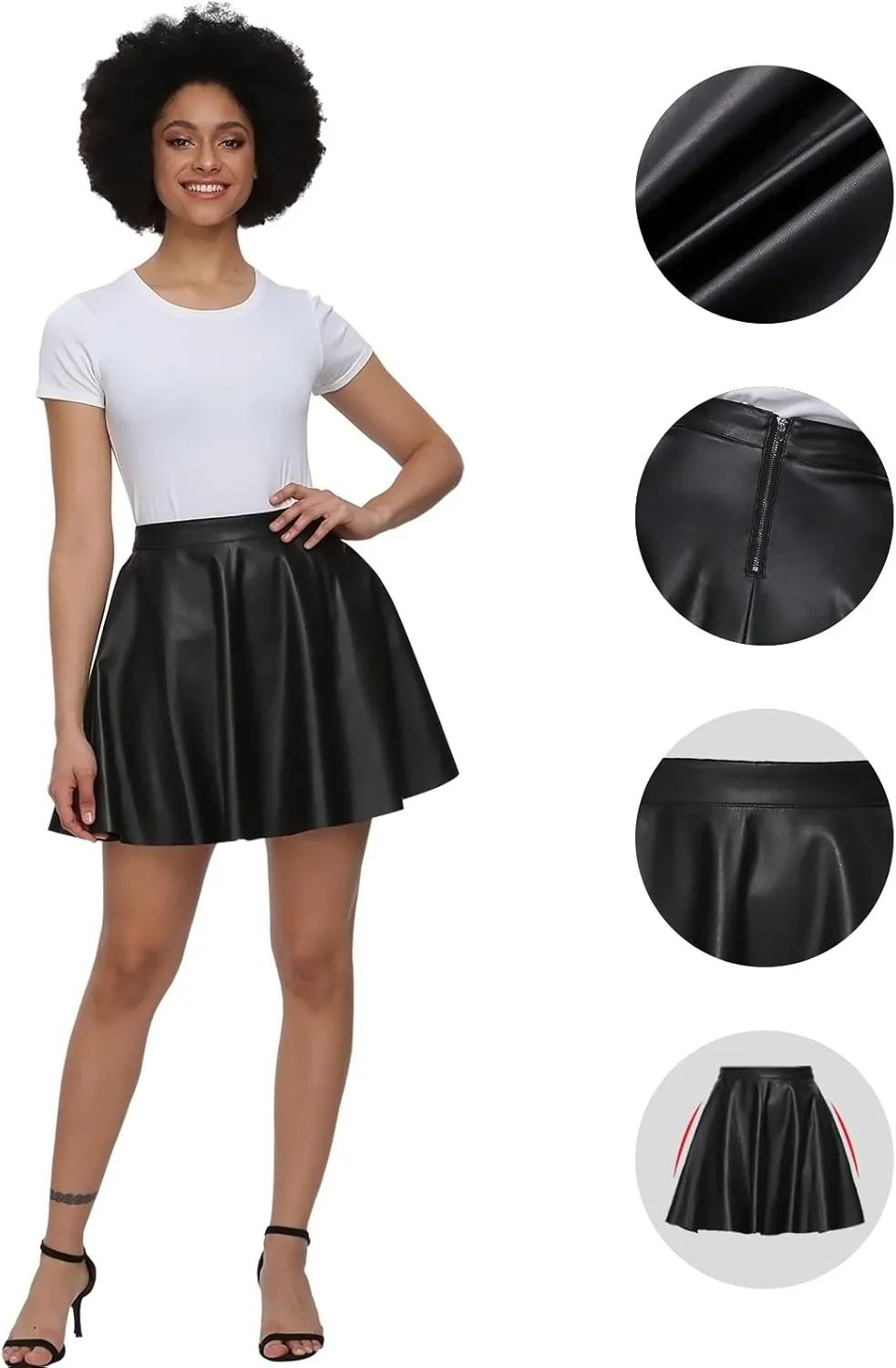 Fahsyee Leather Skater Skirt, Women's Black Pleated Plus Size Mini A-line Vegan Faux High Waist Casual Stretchy S-XXXL