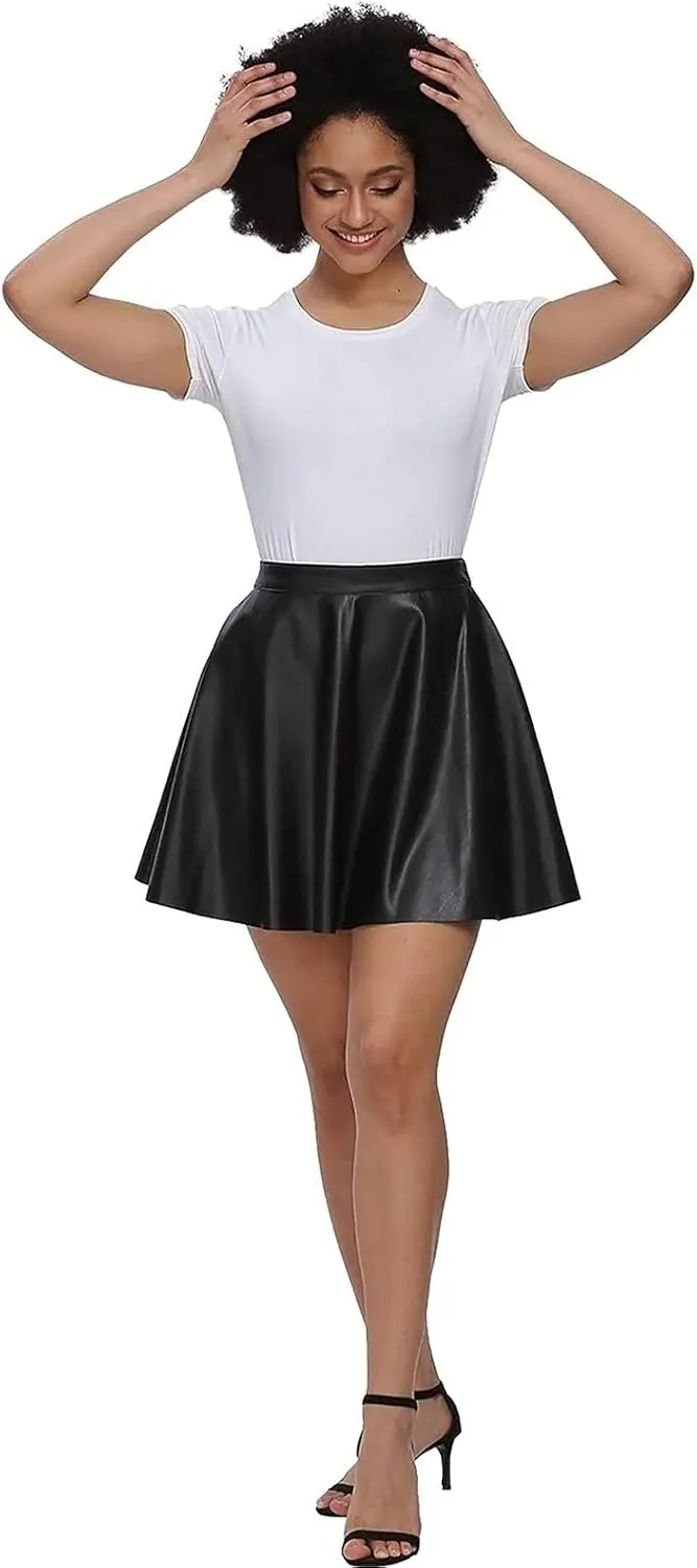 Fahsyee Leather Skater Skirt, Women's Black Pleated Plus Size Mini A-line Vegan Faux High Waist Casual Stretchy S-XXXL