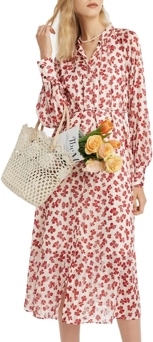 Floral Dress for Women 3/4 Sleeve Casual Midi Dress with Gathered Wasit for Teacher, Work, Wedding Guest, Cocktail