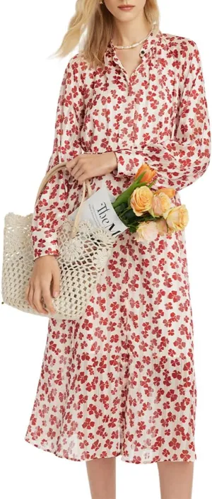 Floral Dress for Women 3/4 Sleeve Casual Midi Dress with Gathered Wasit for Teacher, Work, Wedding Guest, Cocktail