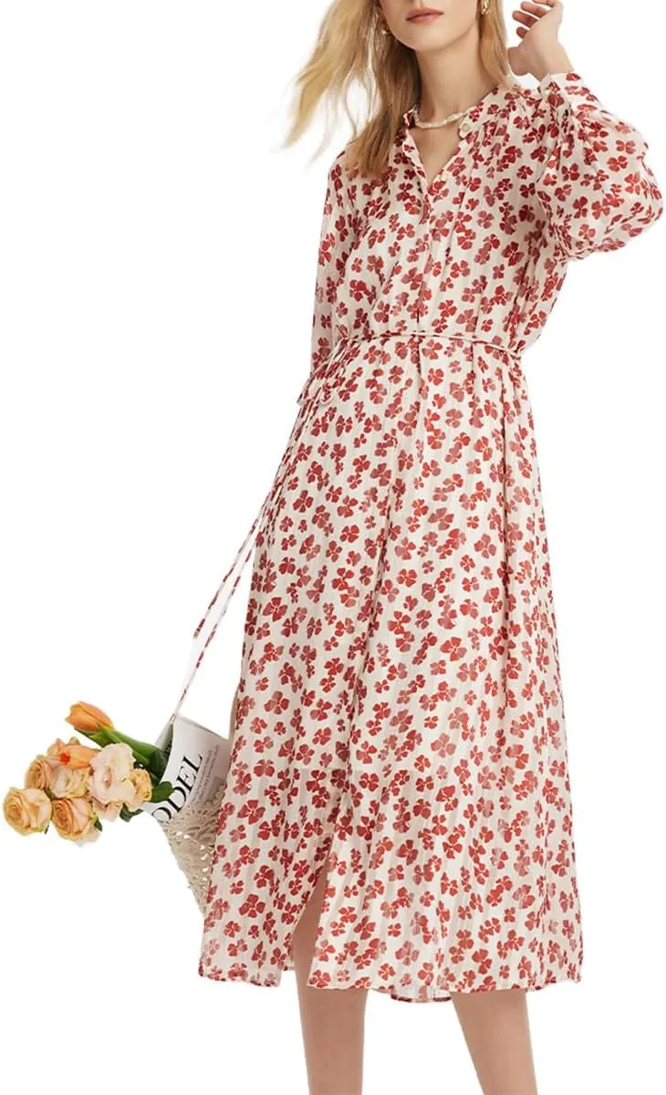 Floral Dress for Women 3/4 Sleeve Casual Midi Dress with Gathered Wasit for Teacher, Work, Wedding Guest, Cocktail