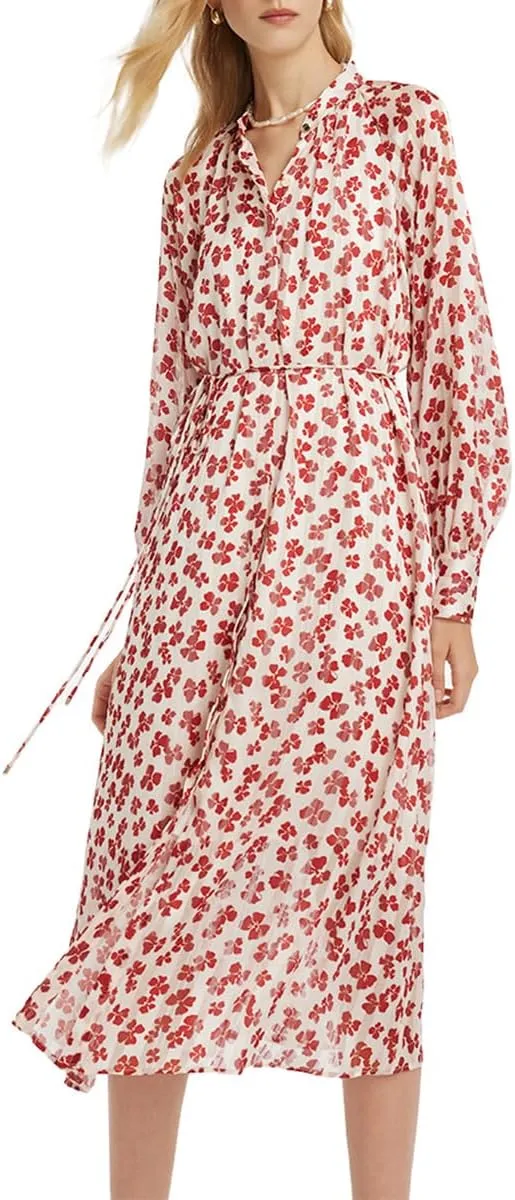 Floral Dress for Women 3/4 Sleeve Casual Midi Dress with Gathered Wasit for Teacher, Work, Wedding Guest, Cocktail