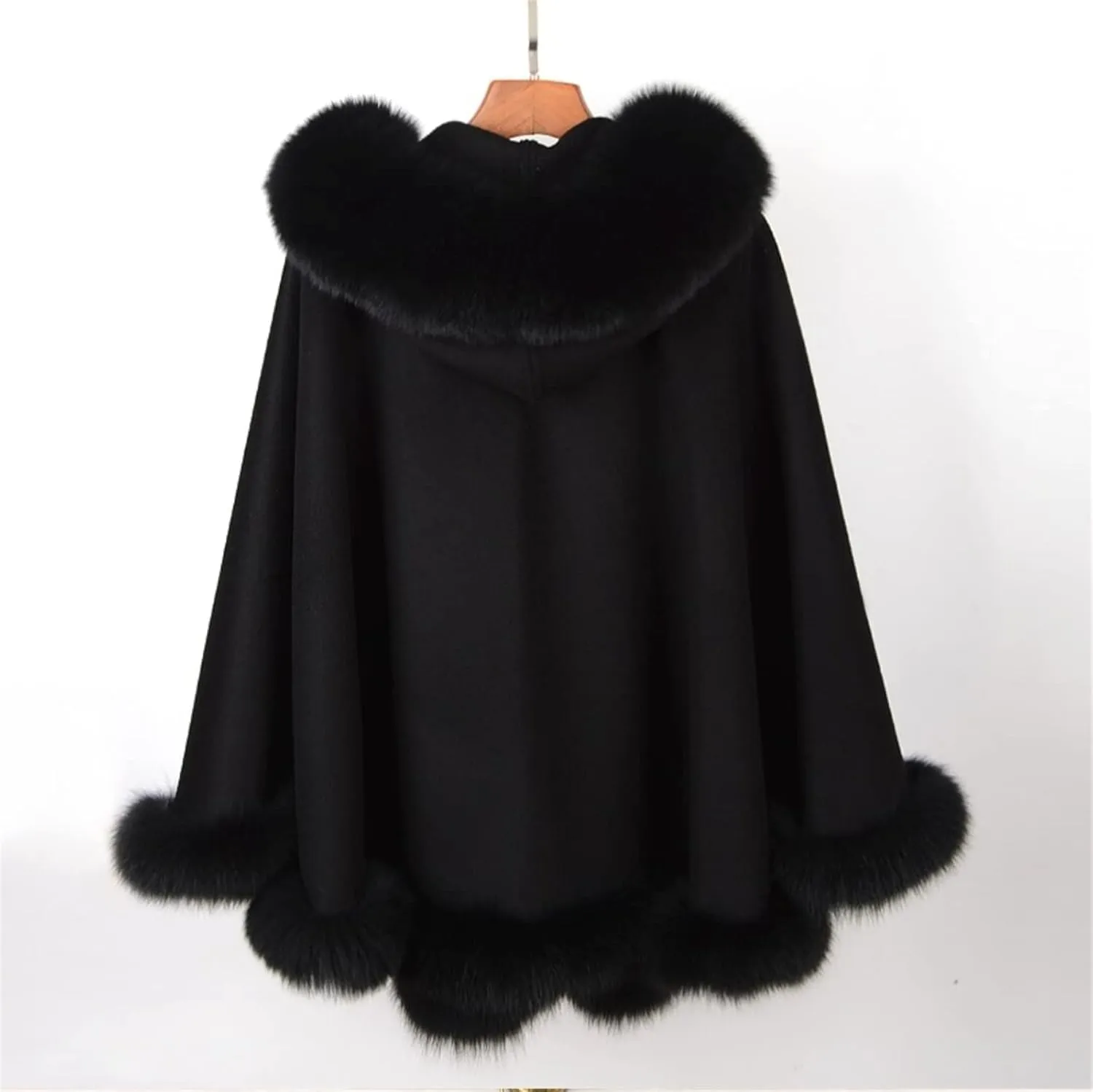 FURINFASHION MY-10 Big Fluffy Cashmere Blend Cape For Women Warm Outwear With Luxury Real Fox Fur Collar And Trim Smooth Wool Shawl Cloak Wrap Furry Trimmed Big Fur (XXL, Black)