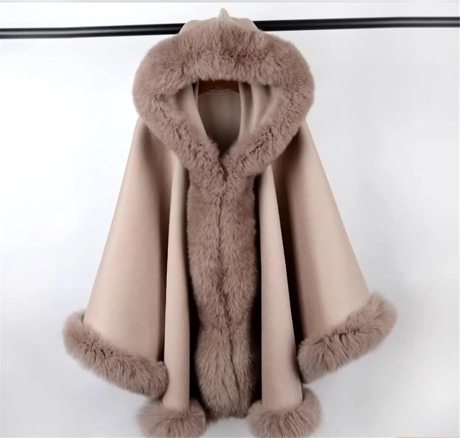 FURINFASHION MY-10 Big Fluffy Cashmere Blend Cape For Women Warm Outwear With Luxury Real Fox Fur Collar And Trim Smooth Wool Shawl Cloak Wrap Furry Trimmed Big Fur (XXL, Black)