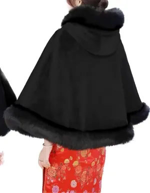 FURINFASHION MY-10 Big Fluffy Cashmere Blend Cape For Women Warm Outwear With Luxury Real Fox Fur Collar And Trim Smooth Wool Shawl Cloak Wrap Furry Trimmed Big Fur (XXL, Black)