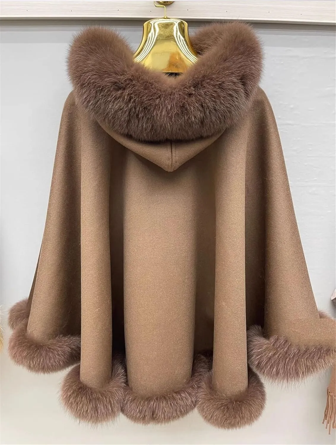 FURINFASHION MY-10 Big Fluffy Cashmere Blend Cape For Women Warm Outwear With Luxury Real Fox Fur Collar And Trim Smooth Wool Shawl Cloak Wrap Furry Trimmed Big Fur (XXL, Black)