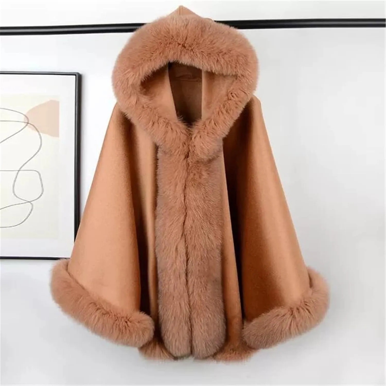 FURINFASHION MY-10 Big Fluffy Cashmere Blend Cape For Women Warm Outwear With Luxury Real Fox Fur Collar And Trim Smooth Wool Shawl Cloak Wrap Furry Trimmed Big Fur (XXL, Black)