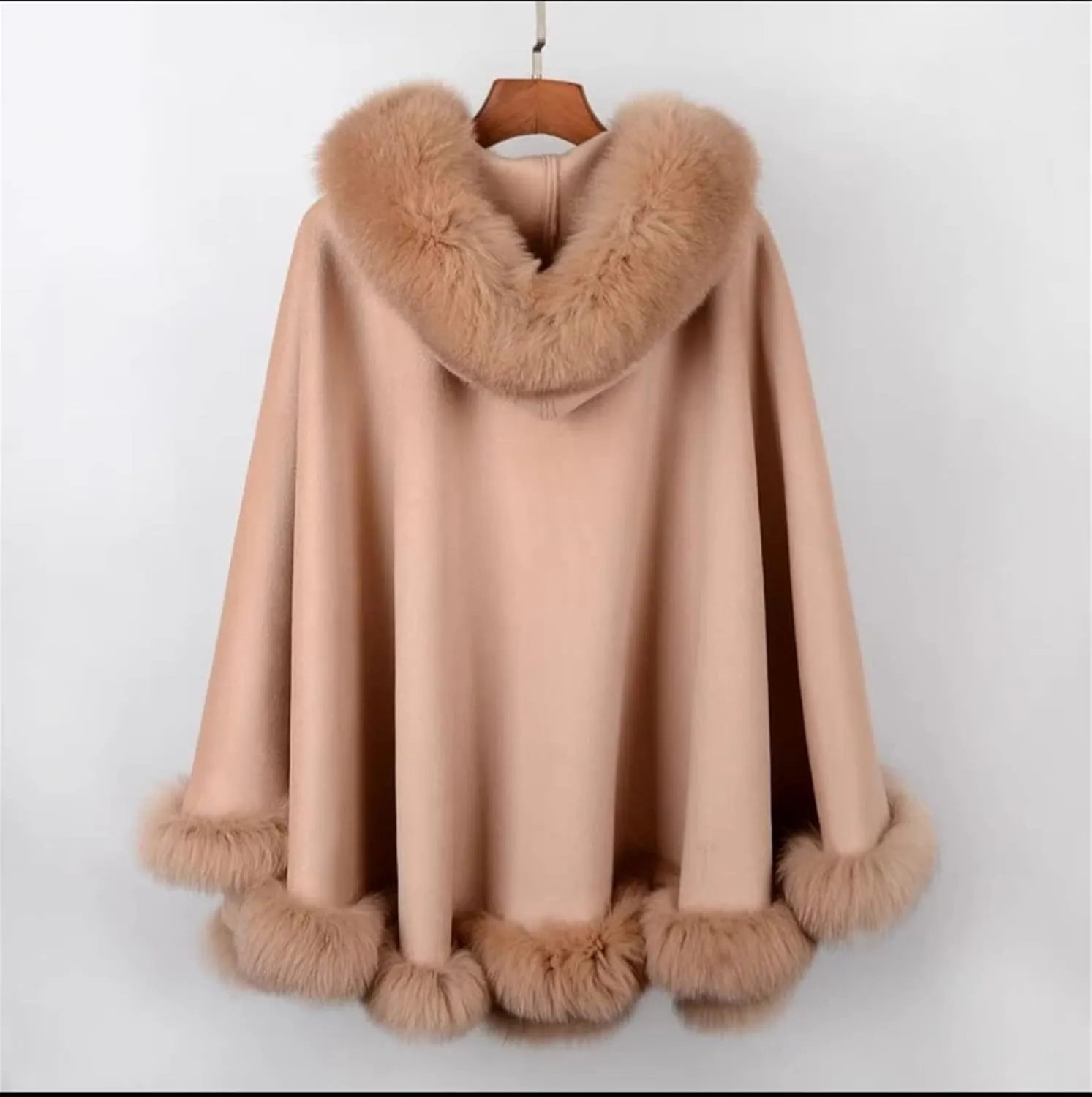 FURINFASHION MY-10 Big Fluffy Cashmere Blend Cape For Women Warm Outwear With Luxury Real Fox Fur Collar And Trim Smooth Wool Shawl Cloak Wrap Furry Trimmed Big Fur (XXL, Black)