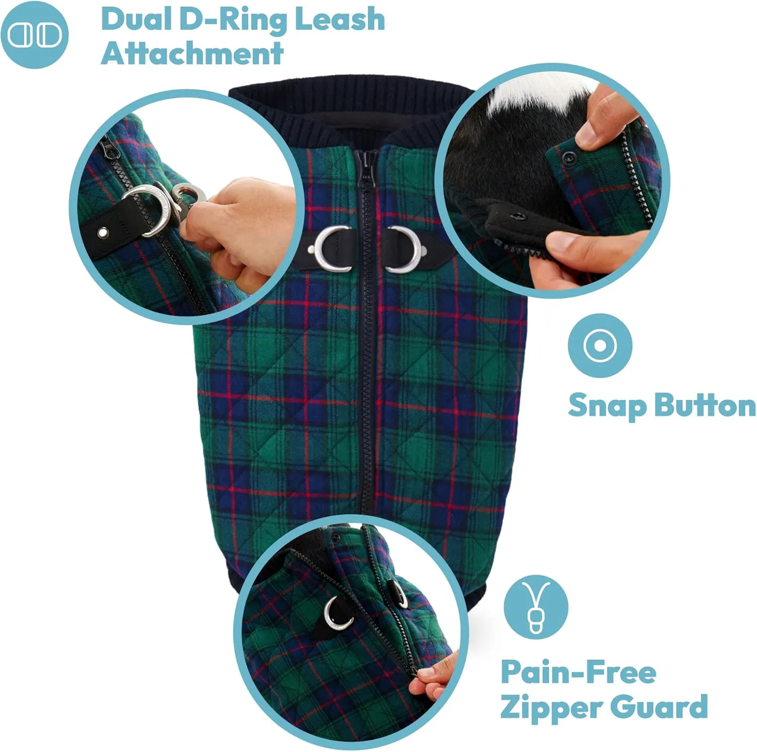 Gooby Fashion Vest Check Dog Jacket - Navy Check, Small - Warm Zip Up Bomber Vest with Dual D Ring Leash - Winter Water Resistant Small Dog Sweater