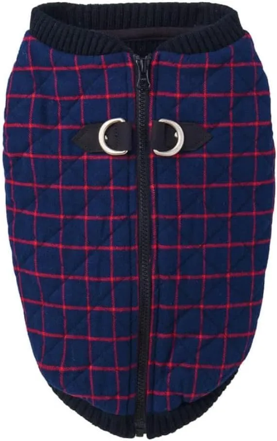 Gooby Fashion Vest Check Dog Jacket - Navy Check, Small - Warm Zip Up Bomber Vest with Dual D Ring Leash - Winter Water Resistant Small Dog Sweater