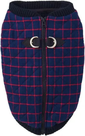 Gooby Fashion Vest Check Dog Jacket - Navy Check, Small - Warm Zip Up Bomber Vest with Dual D Ring Leash - Winter Water Resistant Small Dog Sweater