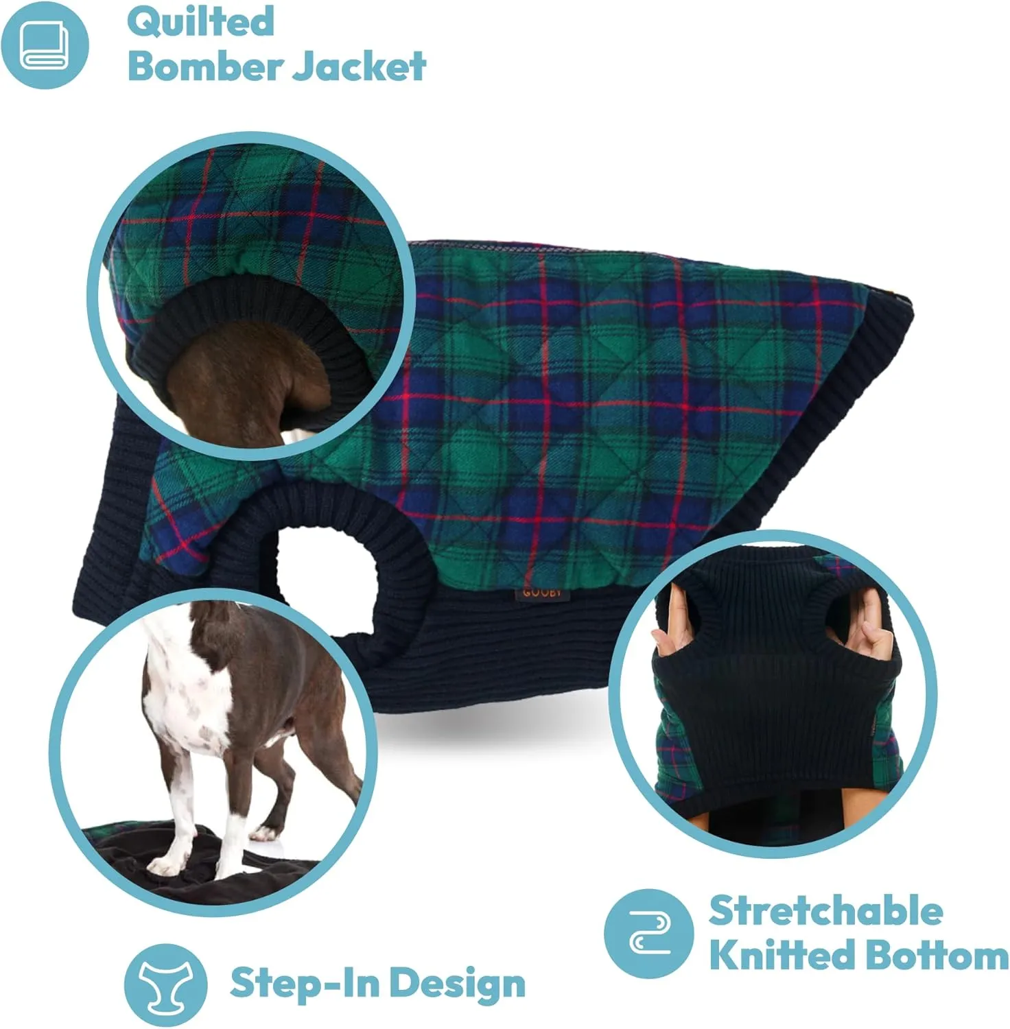 Gooby Fashion Vest Check Dog Jacket - Navy Check, Small - Warm Zip Up Bomber Vest with Dual D Ring Leash - Winter Water Resistant Small Dog Sweater