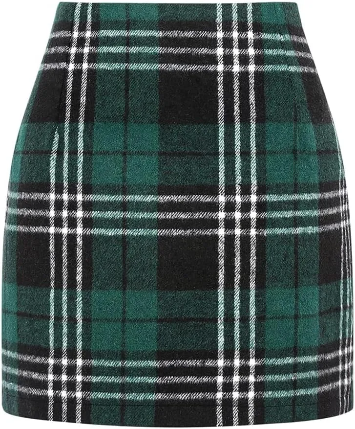 Kinghua Womens Wool Plaid Mini Skirt Fall Winter High Waisted Bodycon Pencil Skirt