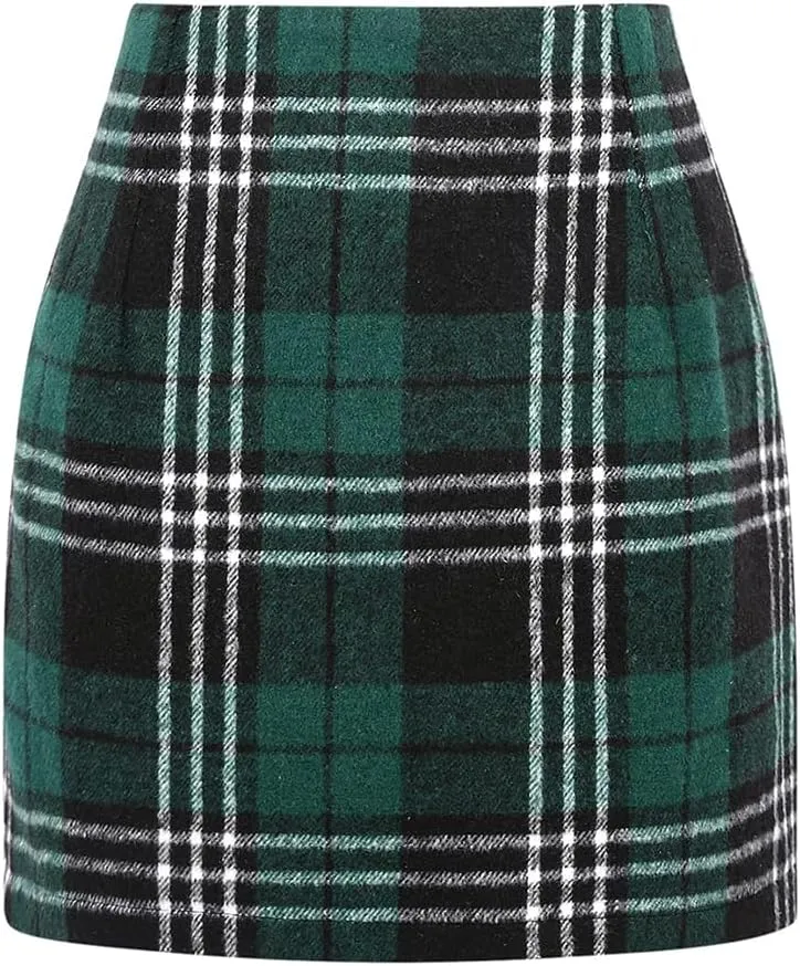 Kinghua Womens Wool Plaid Mini Skirt Fall Winter High Waisted Bodycon Pencil Skirt