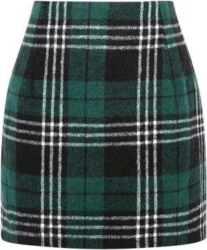 Kinghua Womens Wool Plaid Mini Skirt Fall Winter High Waisted Bodycon Pencil Skirt