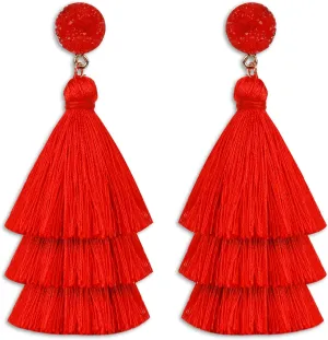 Layered Tassel Earrings for Women Bohemian Tassel Earrings Fringe Dangle Drop Earrings for Birthday Christmas Wedding Valentines Day Gift (Red)