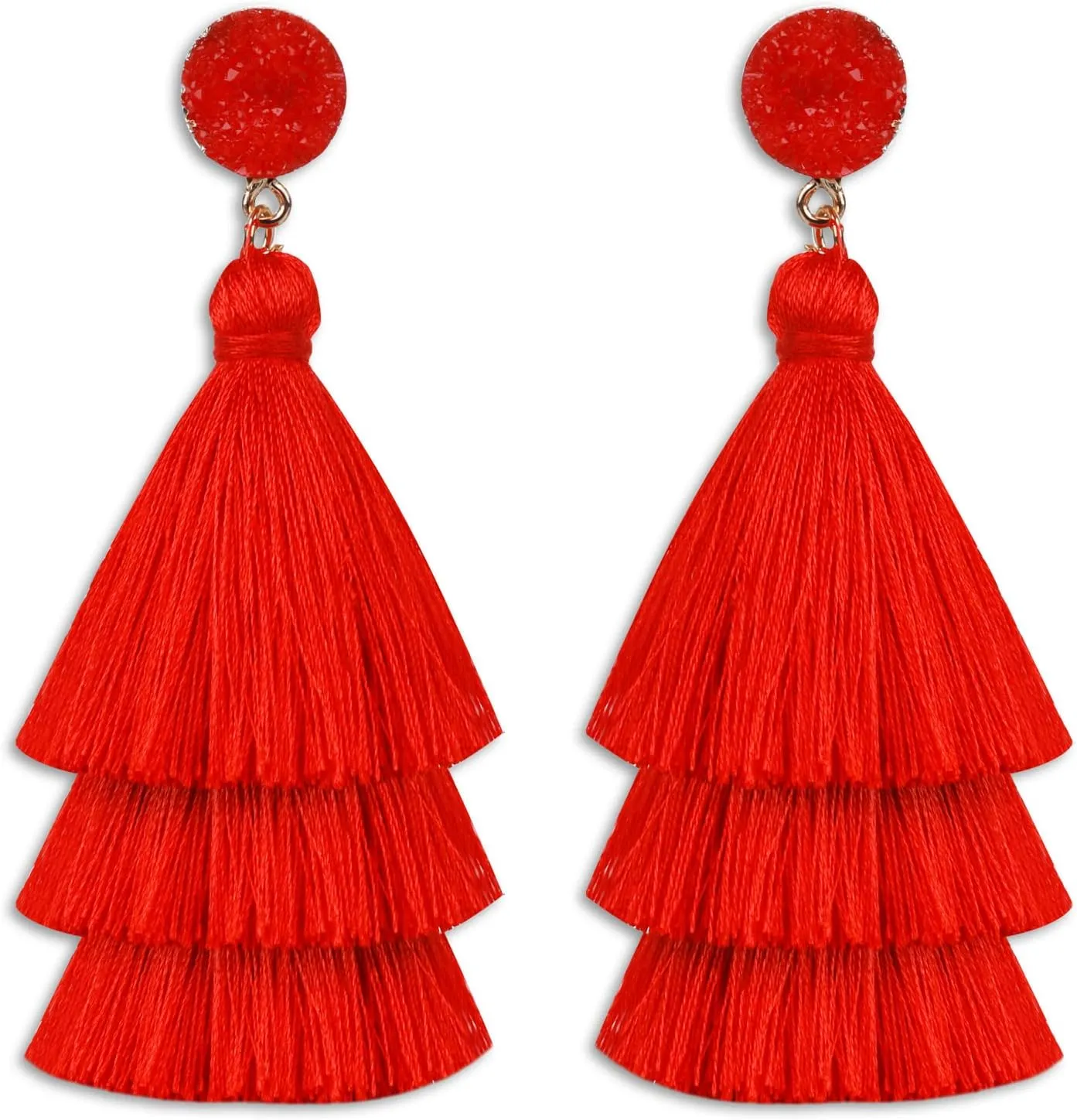 Layered Tassel Earrings for Women Bohemian Tassel Earrings Fringe Dangle Drop Earrings for Birthday Christmas Wedding Valentines Day Gift (Red)