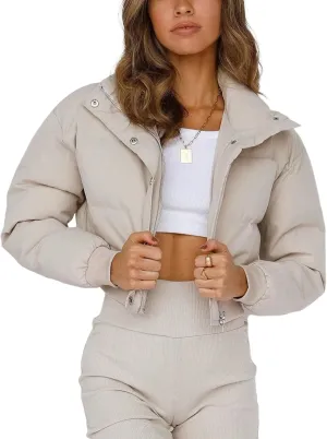 Lianlive Cropped Puffer Jacket Womens Zip Up Black Crop Puffy Winter Coats