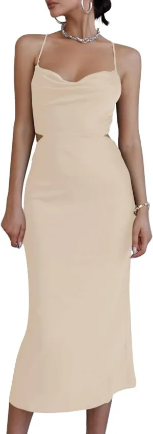 LYANER Women's Satin Straps Slip Cowl Neck Cocktail Midi Dress Beige Large