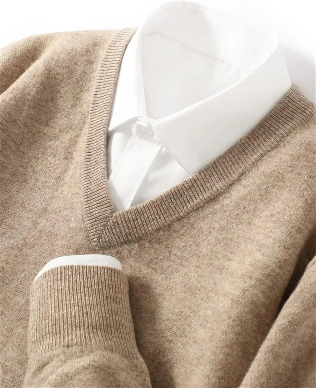 Men V- Neck Pullover Sweater Solid Merino Wool Knitwear Casual Basic Style Soft Warm Jumper Tops