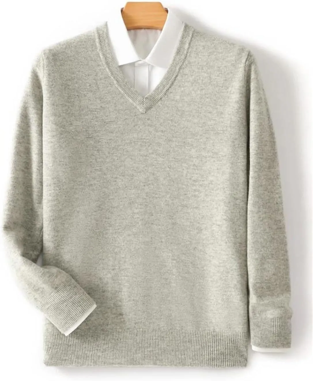 Men V- Neck Pullover Sweater Solid Merino Wool Knitwear Casual Basic Style Soft Warm Jumper Tops