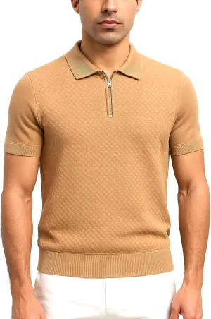 Men's Beige Zip-Collar 100% Cotton Short-Sleeve Polo  Breathable, Casual-Elegant for Daily Wear, Office, Golf