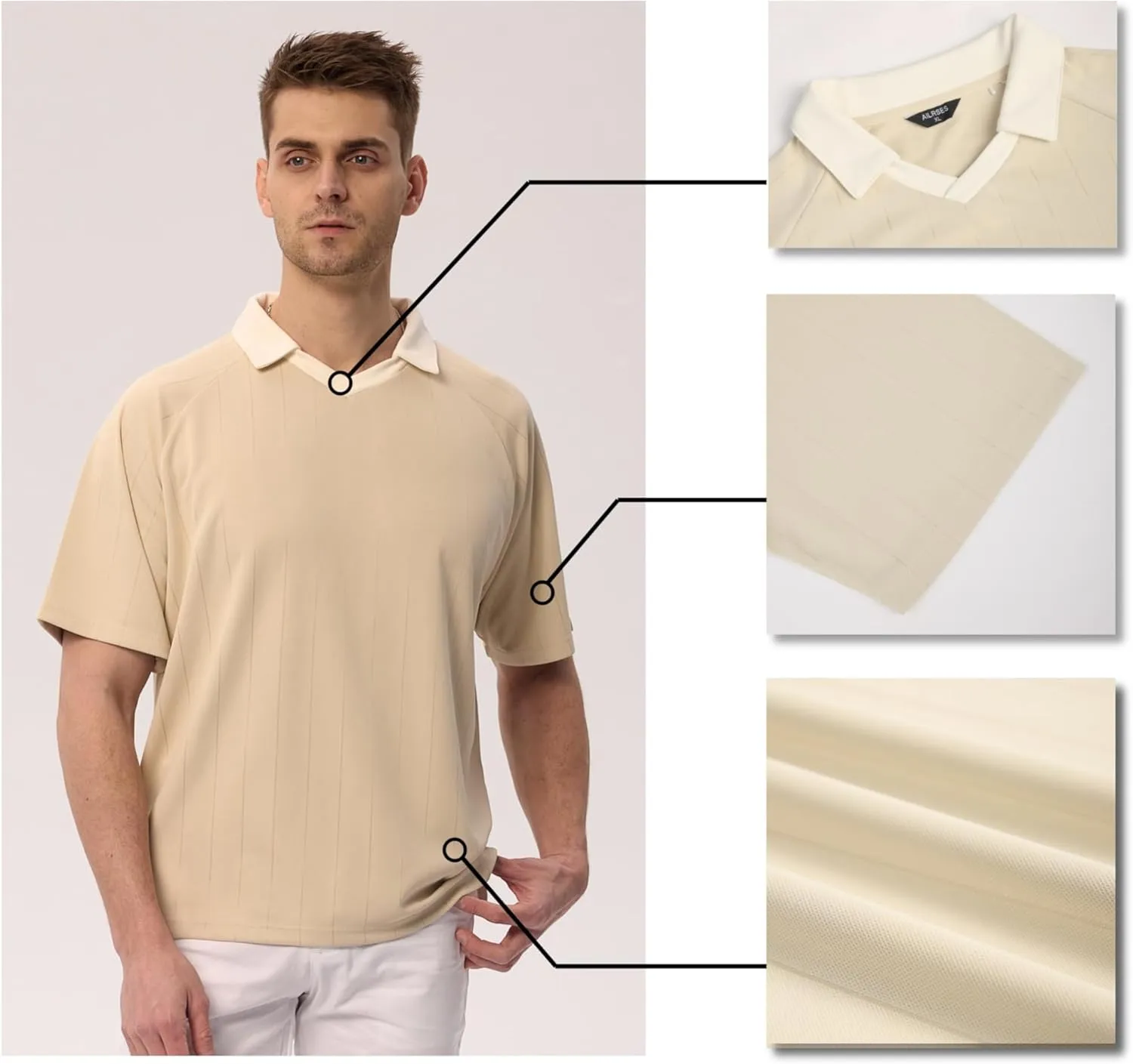Men's Classic Contrast V-Neck Short Sleeve Shirt, Loose Fit Anti-Shrink Knit Pullover, Easy-Care Black/Beige