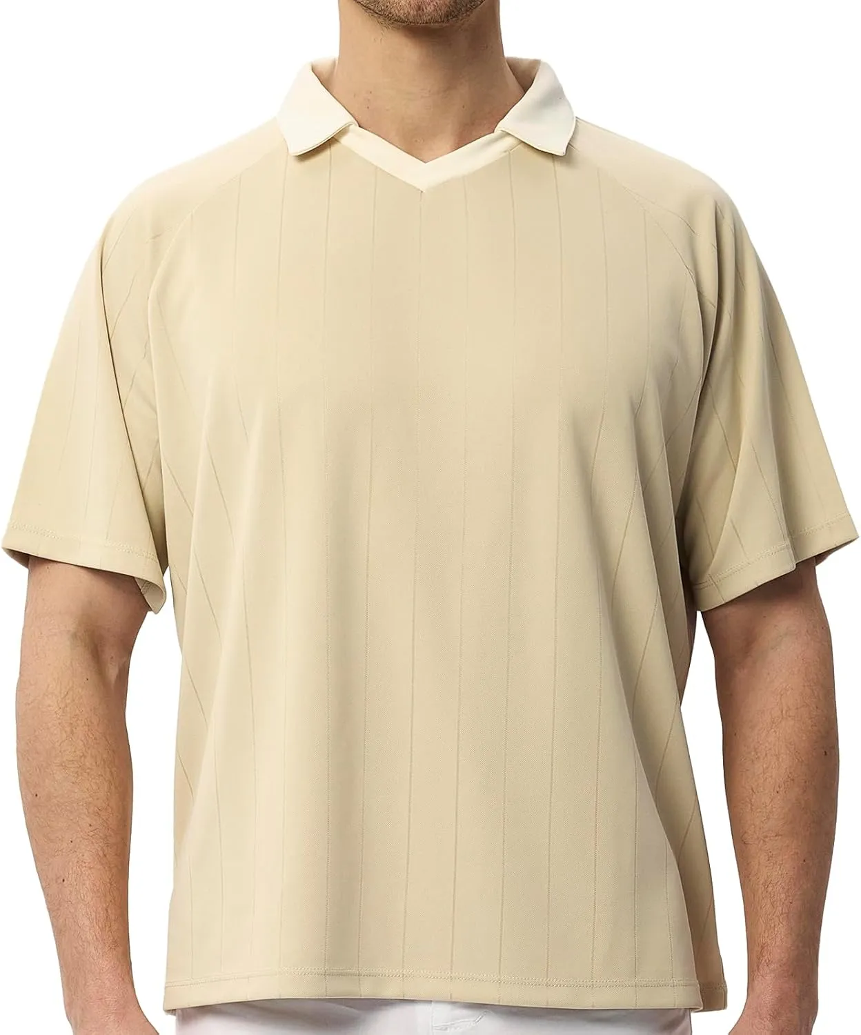Men's Classic Contrast V-Neck Short Sleeve Shirt, Loose Fit Anti-Shrink Knit Pullover, Easy-Care Black/Beige