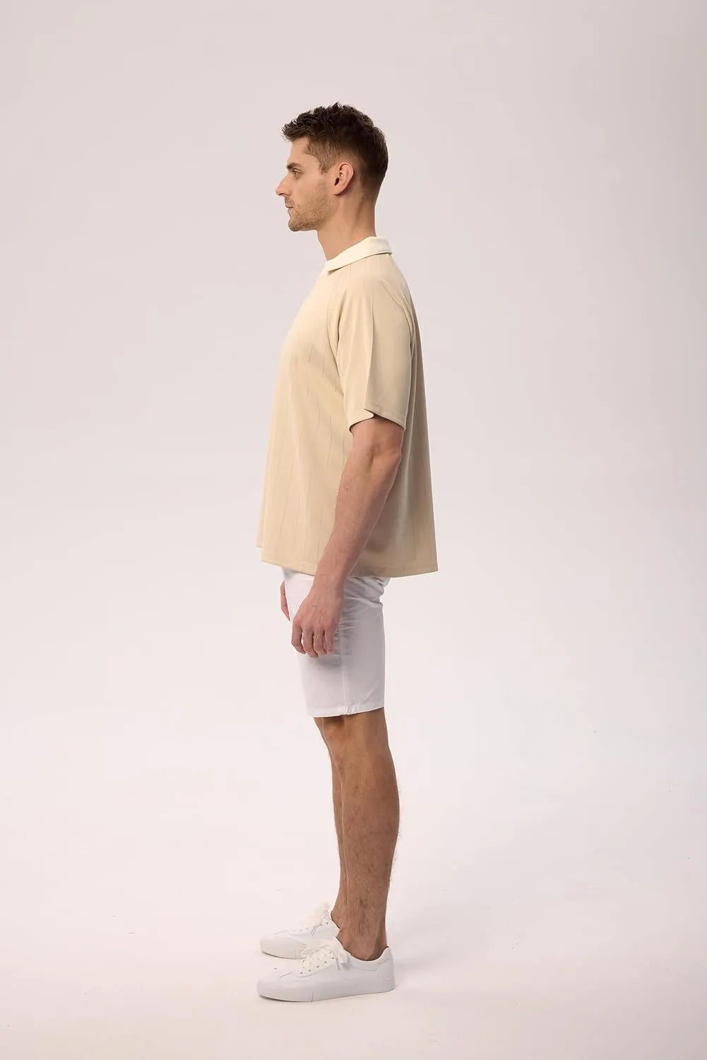 Men's Classic Contrast V-Neck Short Sleeve Shirt, Loose Fit Anti-Shrink Knit Pullover, Easy-Care Black/Beige