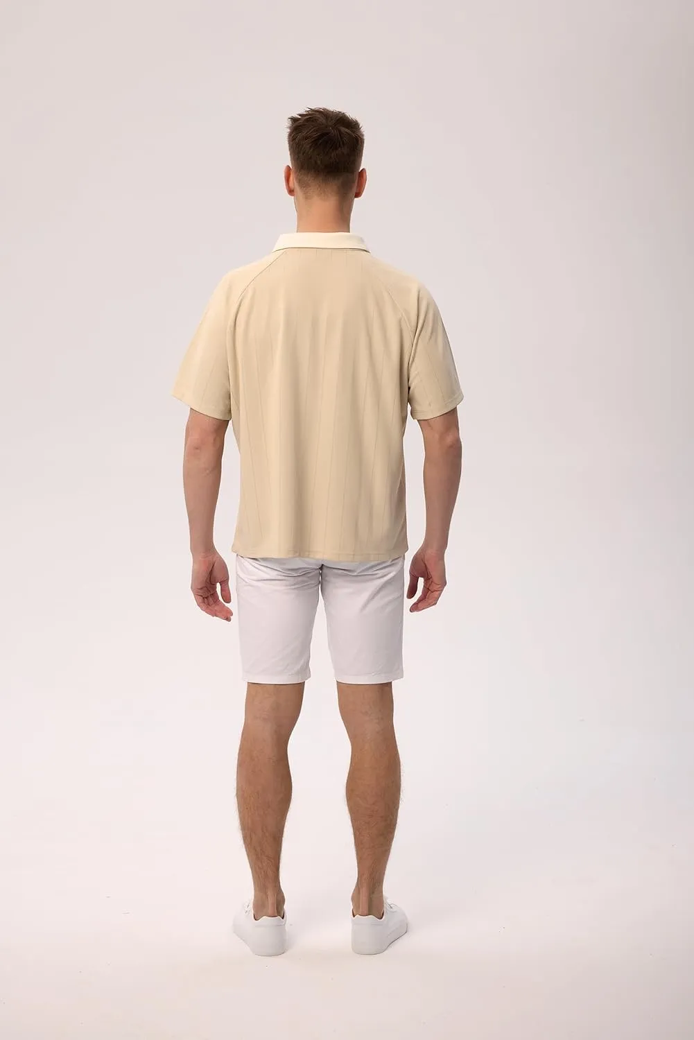 Men's Classic Contrast V-Neck Short Sleeve Shirt, Loose Fit Anti-Shrink Knit Pullover, Easy-Care Black/Beige
