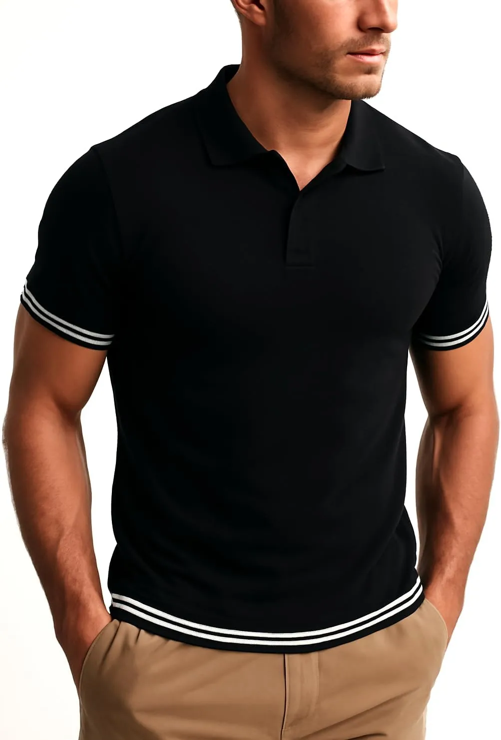 Men's Slim-Fit 100% Cotton Polo, Breathable Lightweight Short-Sleeve tee; Navy, Blue, Beige, Black.