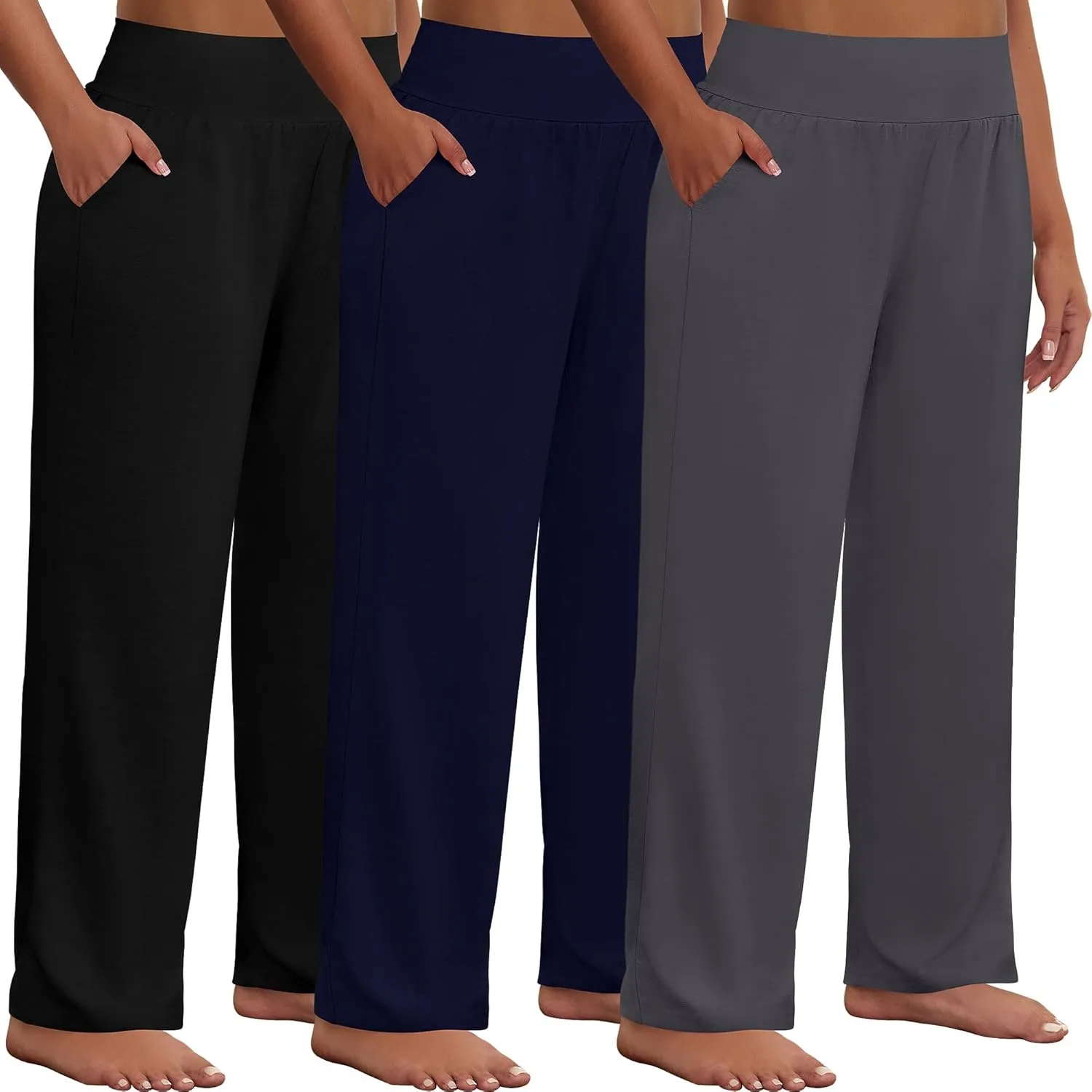 Neer 3 Pack Women Plus Size Wide Leg Yoga Pants High Waist Sweatpants Plus Size Palazzo Pants Lounge with Pockets(Black, Dark Grey, Navy Blue,4x-large)