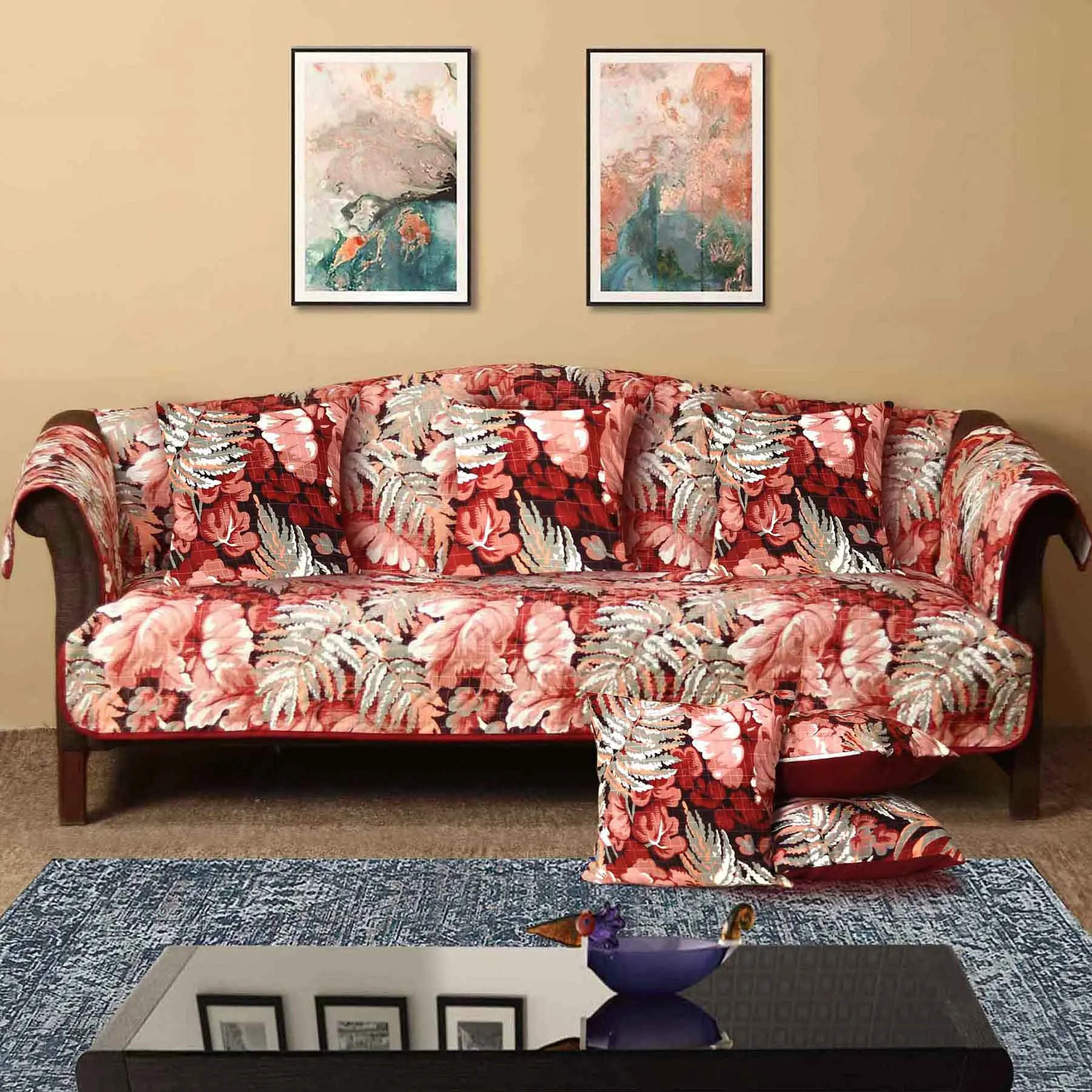 Peachy Monstera Quilted Sofa Cover Set