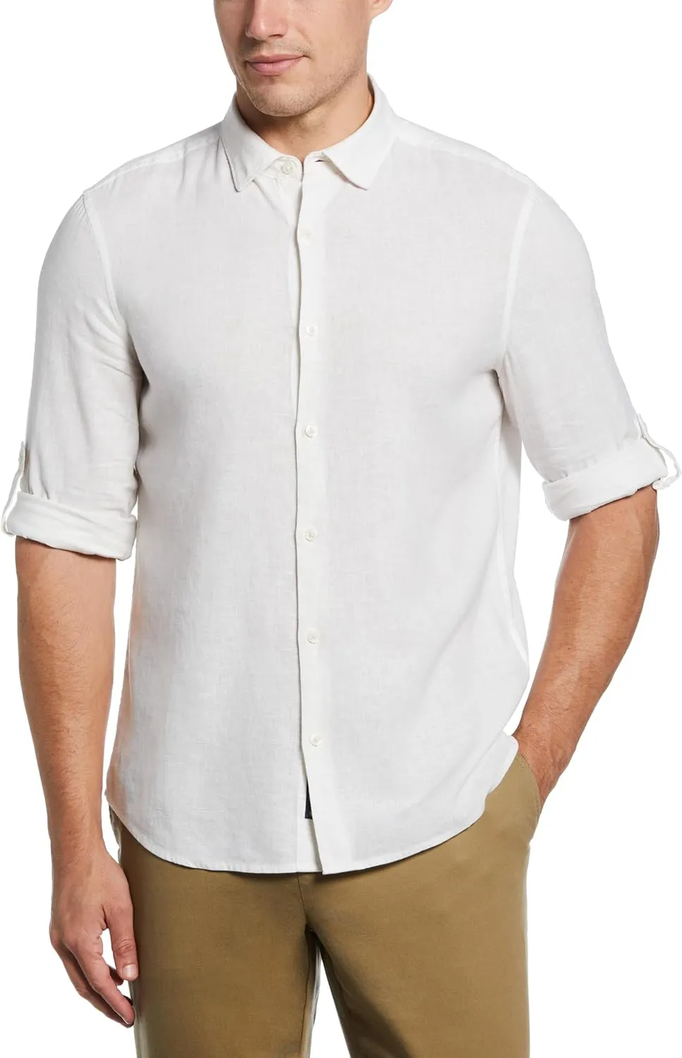 Perry Ellis Men's Untucked Linen Blend Rolled Sleeve Stripe Shirt
