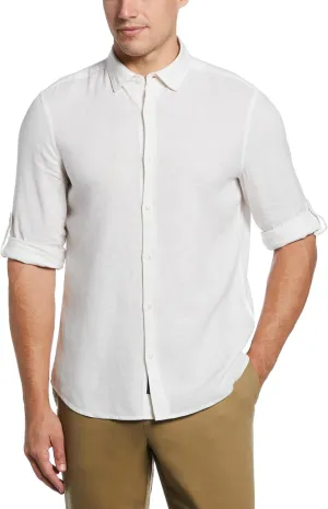Perry Ellis Men's Untucked Linen Blend Rolled Sleeve Stripe Shirt