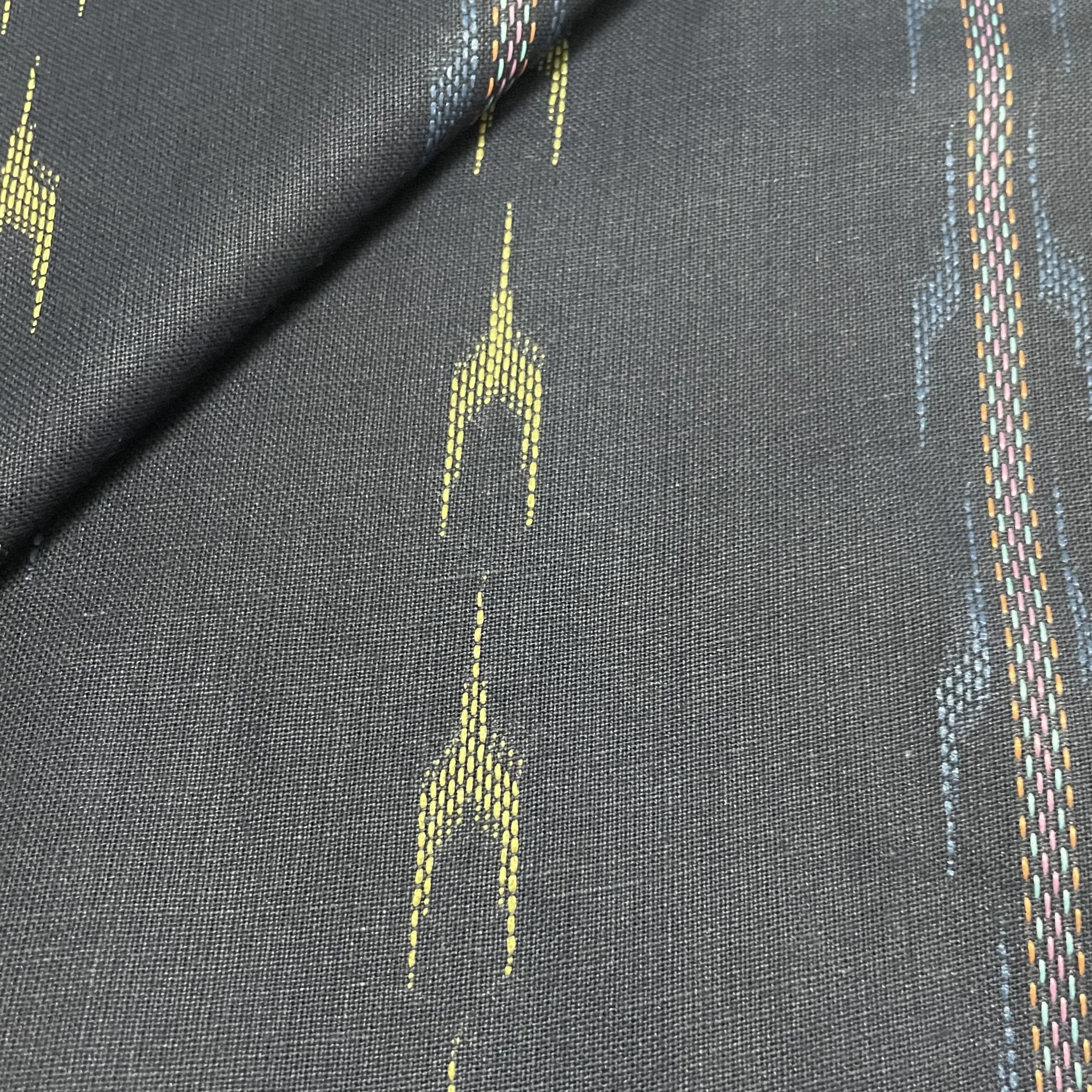 Premium Blue Yellow Ikkat Dobby Embroidery Cotton Fabric