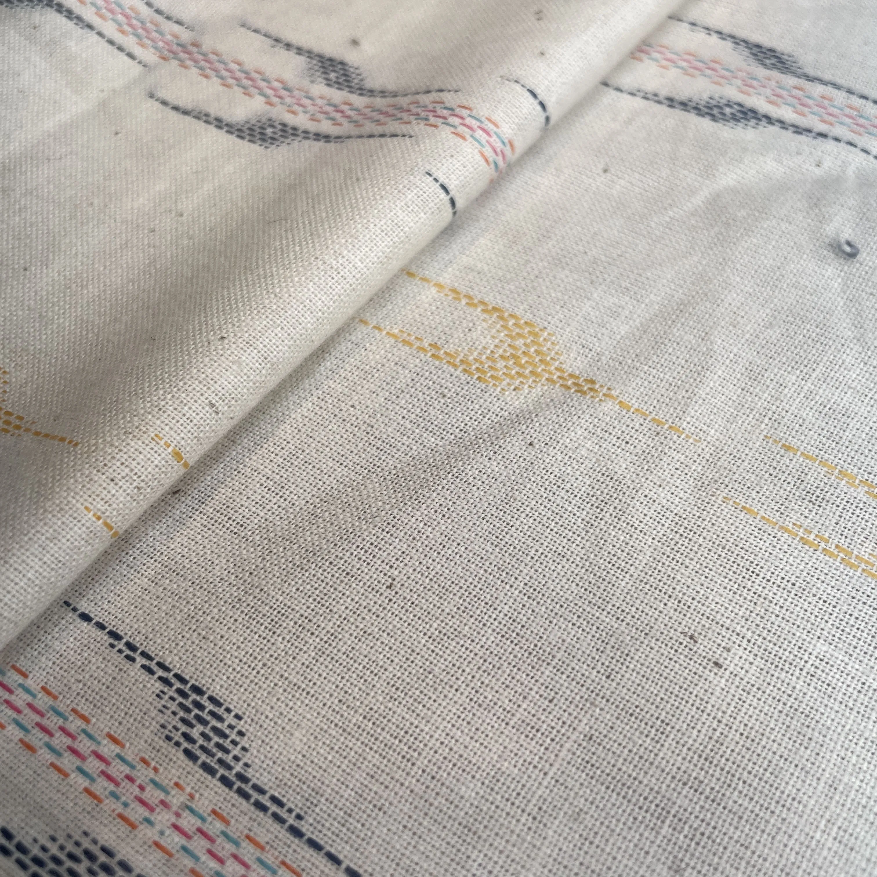 Premium OffWhite Yellow Ikkat Dobby Embroidery Cotton Fabric