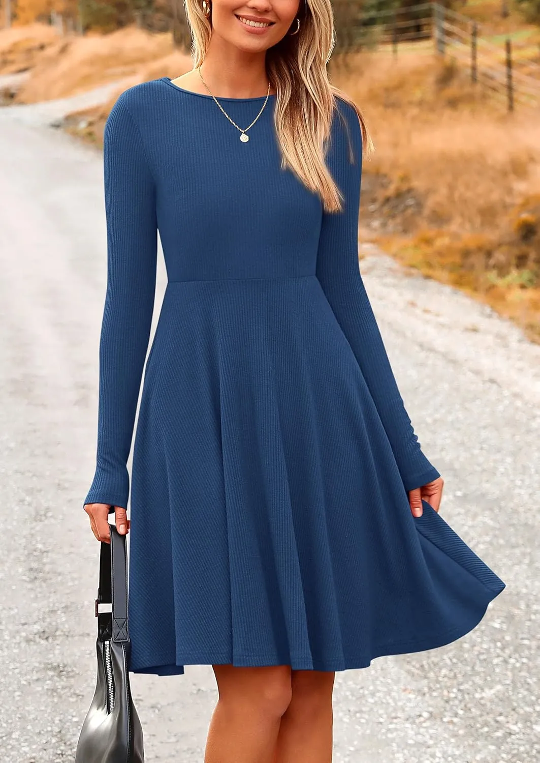 PRETTYGARDEN Women's Spring Fall Short Dress Ribbed Knit Crewneck Long Sleeve A Line Flowy Casual Elegant Going Out Dresses