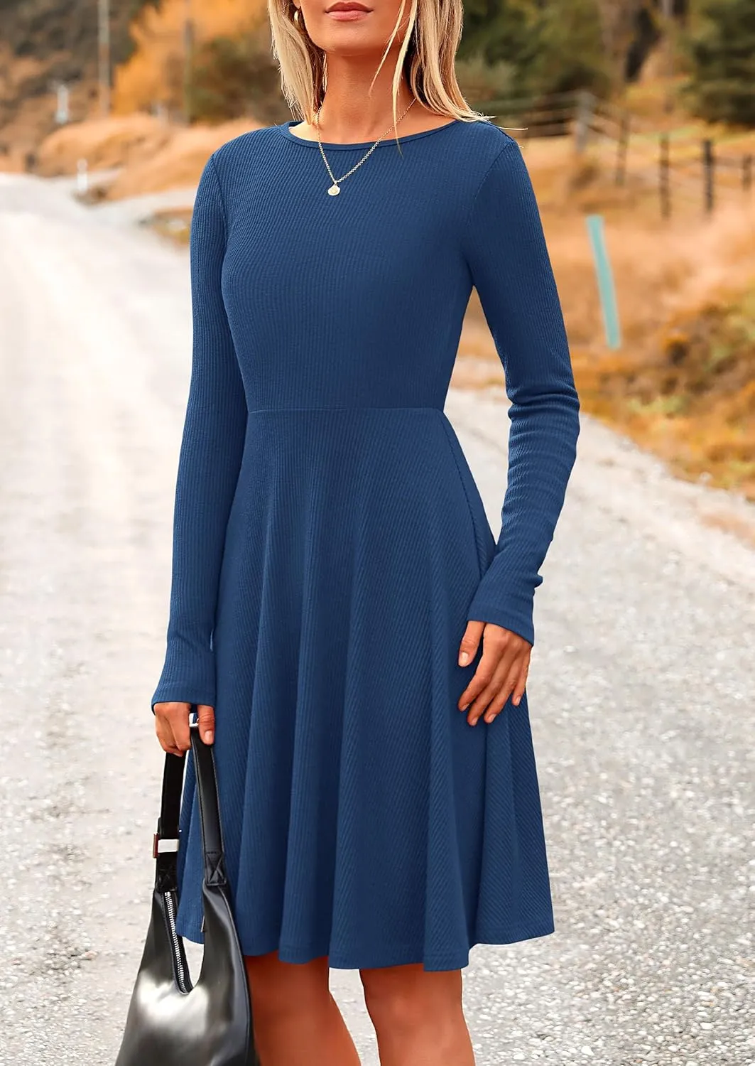 PRETTYGARDEN Women's Spring Fall Short Dress Ribbed Knit Crewneck Long Sleeve A Line Flowy Casual Elegant Going Out Dresses