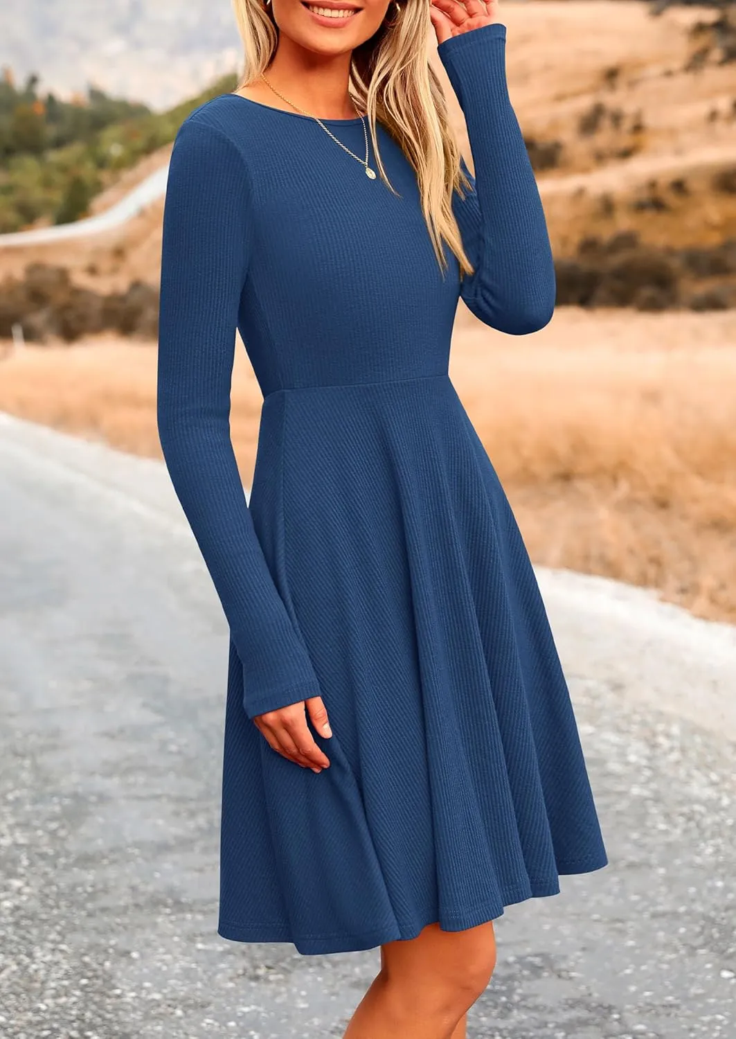 PRETTYGARDEN Women's Spring Fall Short Dress Ribbed Knit Crewneck Long Sleeve A Line Flowy Casual Elegant Going Out Dresses