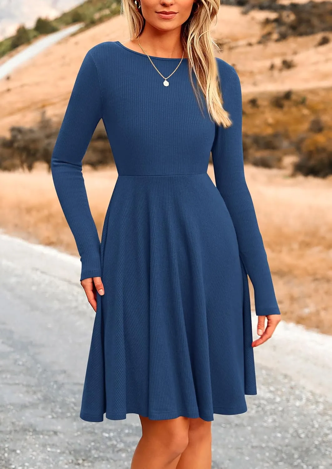 PRETTYGARDEN Women's Spring Fall Short Dress Ribbed Knit Crewneck Long Sleeve A Line Flowy Casual Elegant Going Out Dresses