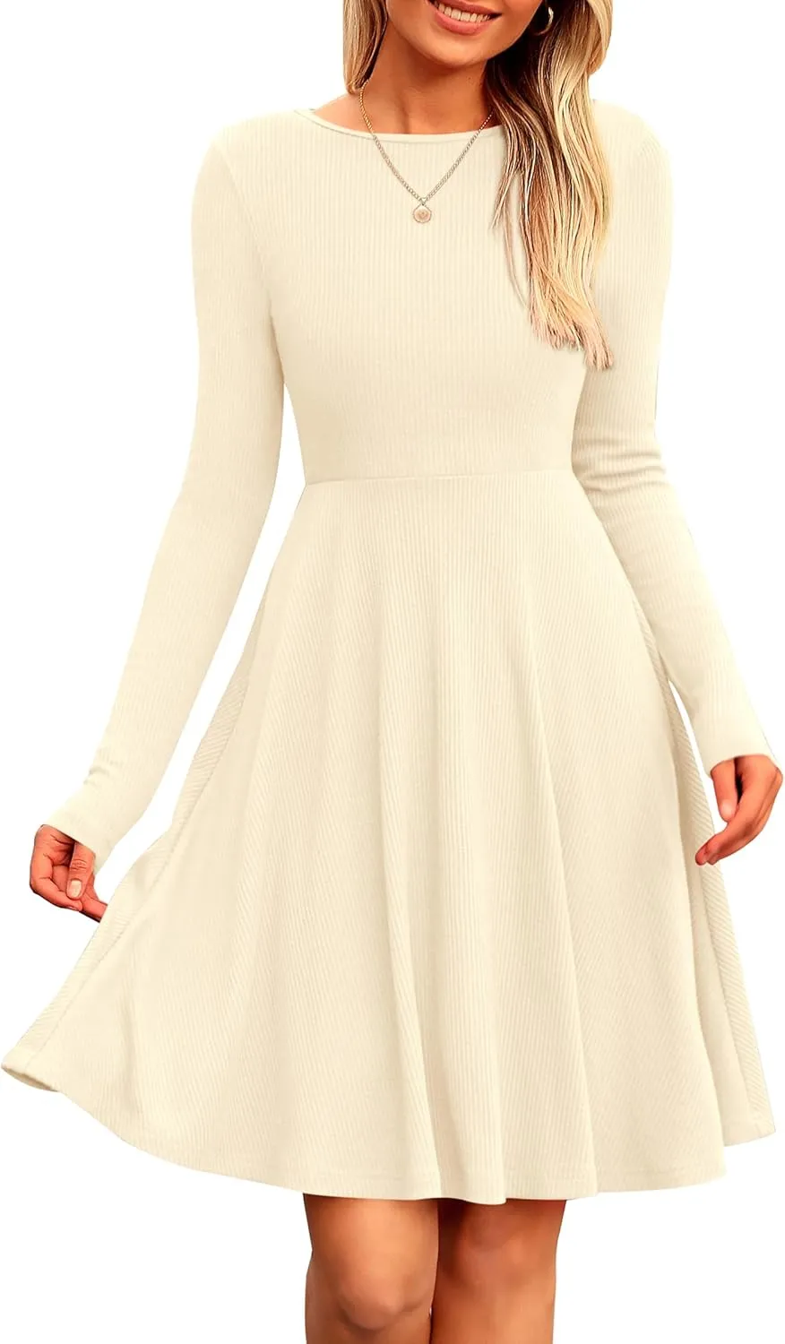 PRETTYGARDEN Women's Spring Fall Short Dress Ribbed Knit Crewneck Long Sleeve A Line Flowy Casual Elegant Going Out Dresses