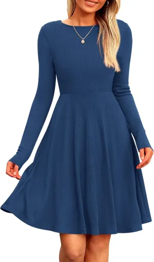 PRETTYGARDEN Women's Spring Fall Short Dress Ribbed Knit Crewneck Long Sleeve A Line Flowy Casual Elegant Going Out Dresses